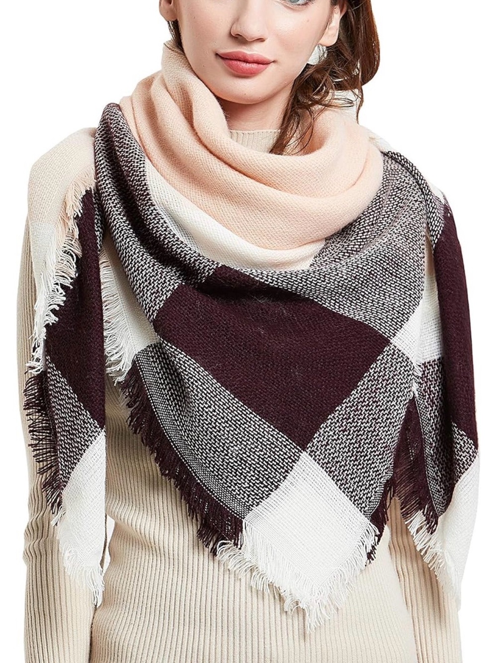Wander Agio Women's Plaid Shawl/Wrap Fringe Scarf - Beige Gray Brown White- NWT
